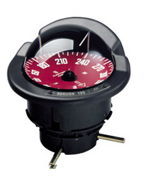 Navigation compass with white letters on red card