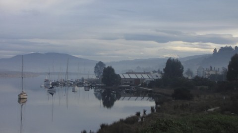Looking down the Huon to Franklin Marina with Wooden Boat Centre in foreground